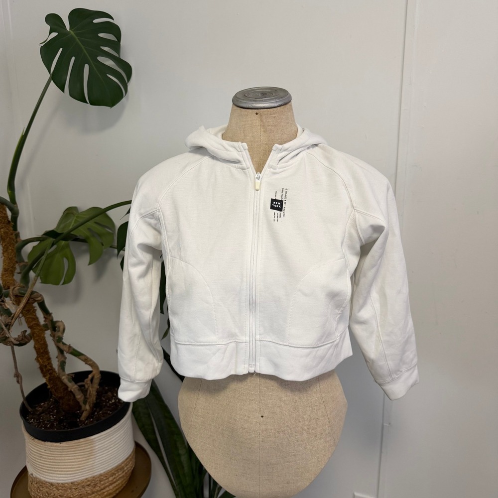 Zara Hoodie Girls 9-10 White‎ 5th Ave NY Cropped Zip Up Sweatshirt Graphic Back